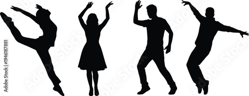 Dancing people silhouette collection, energetic male and female dancers performing modern freestyle moves isolated on white background