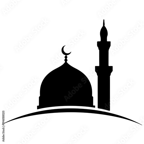 A black silhouette of a mosque with a minaret and crescent moon