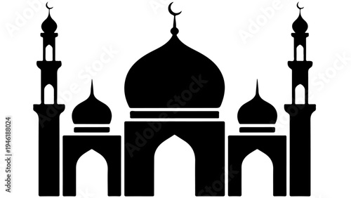 A black silhouette of a mosque with a crescent moon on top
