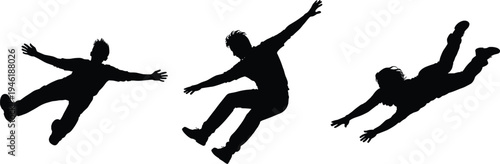 Falling men silhouette set, free fall motion concept, risk, danger, loss of balance, accident scenario, black white illustration, isolated, background