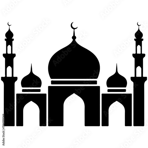 A black silhouette of a mosque with minarets and domes