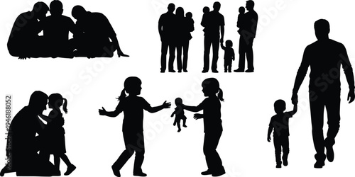 Family bonding silhouette collection set, parents and children together isolated on white background vector illustration bundle