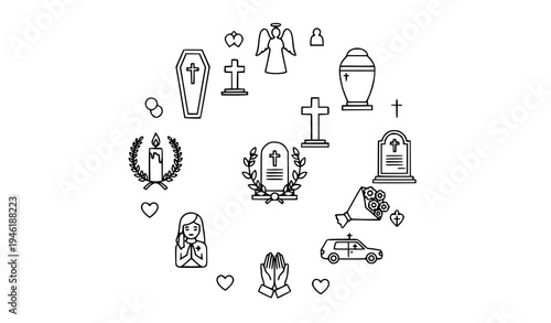 Modern funeral outline icon collection with coffin grave angel cross and memorial symbols