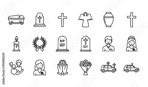 Funeral line icon set with coffin grave angel cross wreath and memorial outline symbols