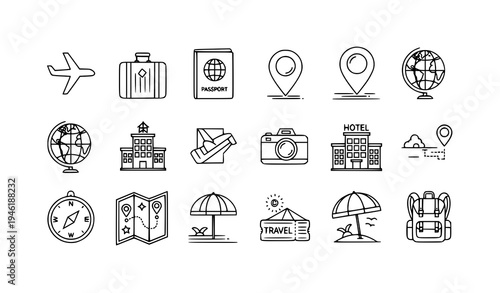 Travel vector line icon set with airplane suitcase passport map hotel and vacation symbols