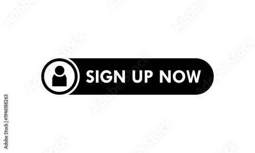 Sleek black sign up now button with a profile icon, designed for website registration, new member enrollment, and user account creation interfaces.