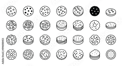 Cookie Line Icons Set Collection, Biscuit Dessert Snack Outline Vector Food Symbols