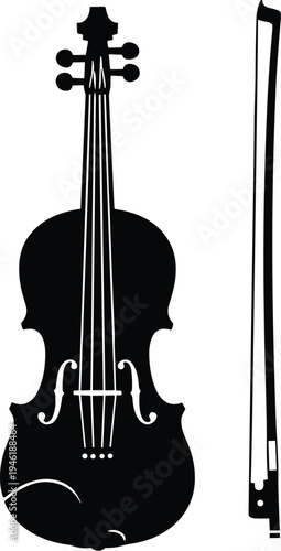 Classic violin and bow silhouette, black musical instrument icon isolated on white background, orchestral string equipment for music education