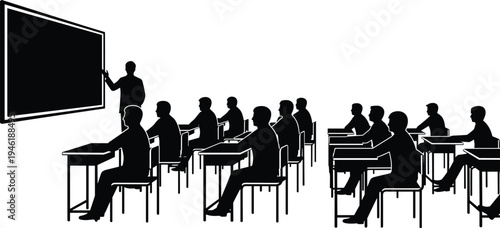 Classroom teaching silhouettes, teacher explaining lesson on board to students seated at desks isolated black figures on white background