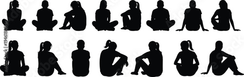 People sitting silhouette collection isolated on white background, men women cross legged seated poses bundle, human posture vector