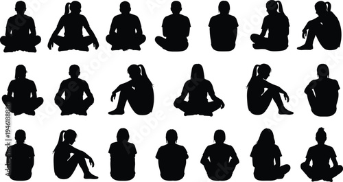 People sitting silhouette collection isolated on white background, men women cross legged seated poses set, human posture vector