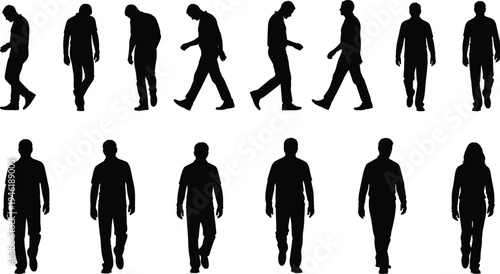 Walking people silhouettes collection, men and woman pedestrian figures set, human walking poses, urban lifestyle character vector illustration pack