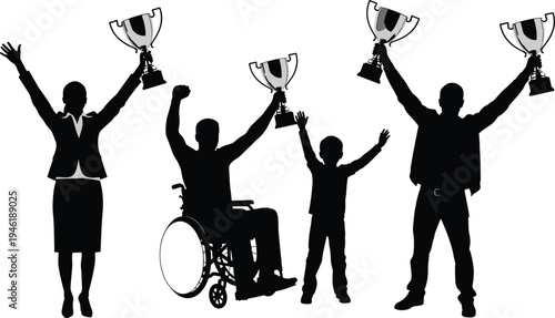 Winner celebration silhouette collection, people holding trophy with raised hands, success achievement victory award champion concept illustration