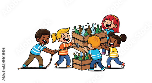 A group of diverse children cheerfully collaborate to move crates of glass bottles for recycling, illustrating teamwork and environmental care.