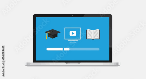 Online Education Laptop Screen: Graduation Cap, Play Button, Open Book, Progress Bar