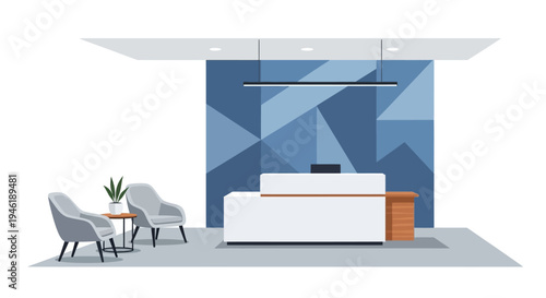 Modern Office Reception Area with Geometric Blue Wall and Waiting Chairs