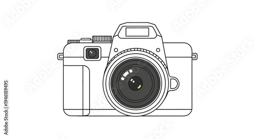 Line art of a digital camera with a large lens, isolated on white background