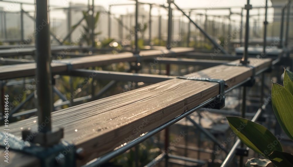Naklejka premium An intricate framework of metal scaffolding beams and wooden planks stands ready for construction work.