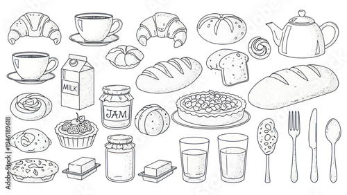 A delightful collection of breakfast pastries and beverages sketched in a charming outline style.