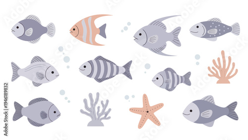 Adorable cartoon fish coral and starfish marine life collection.