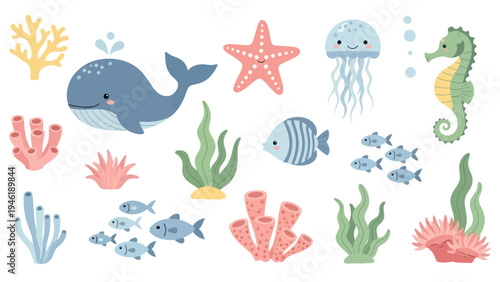 Adorable cartoon marine life and underwater plants collection.