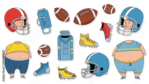 American Football Equipment and Players Cartoon Collection.