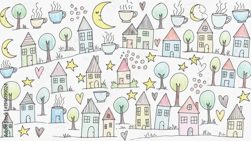 Charming Hand Drawn Village Scene with Whimsical Houses and Trees.