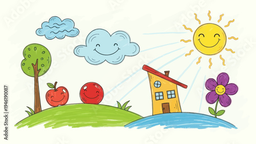 Childrens drawing of a happy house with sun and nature elements.