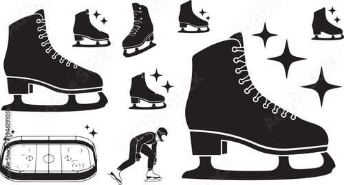 Ice Skating Equipment and Hockey Rink Illustrations in Black