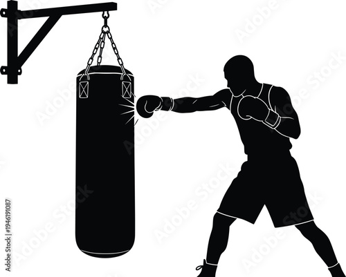 Boxer training with punching bag silhouette, boxing athlete practicing punch, combat sport fitness workout vector illustration isolated
