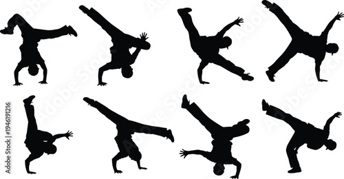 Breakdance male silhouette collection, hip hop street dance acrobatic moves, urban dancer action, black white vector illustration set
