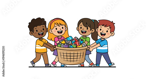 Four diverse children happily collaborate to carry a large woven basket overflowing with colorful aluminum cans for recycling, promoting environmental awareness.