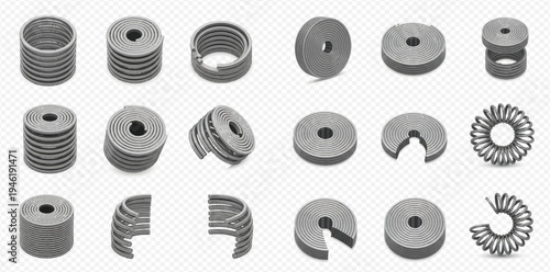 Set of various metal springs, coils, and rings in different shapes and views on a transparent background.