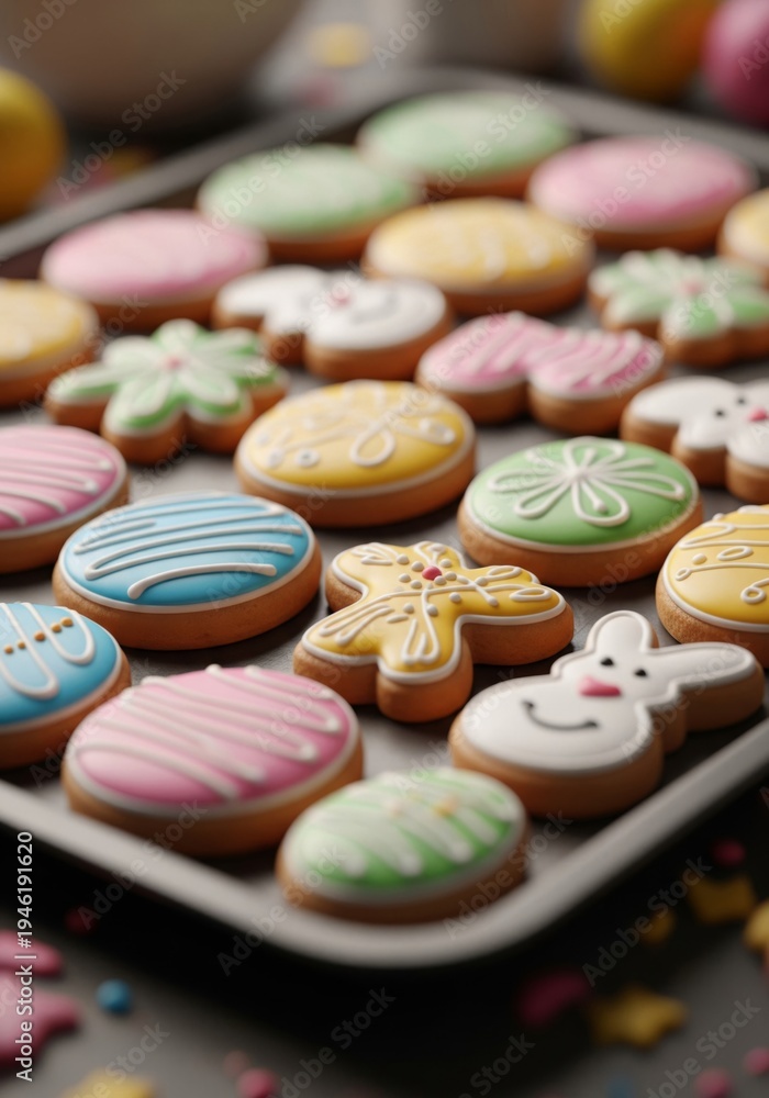Fototapeta premium Colorful Easter Cookies Arranged on a Baking Tray