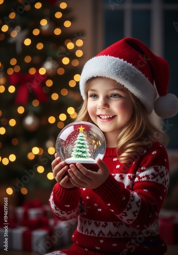 Smiling Young Girl Holding Christmas Snow Globe Near Decorated Tree