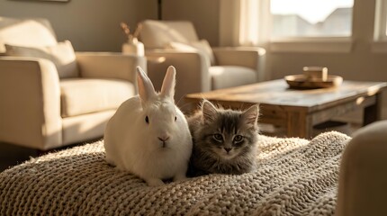 Adorable white rabbit and tabby kitten sitting together on knitted blanket in cozy living room with warm sunlight streaming through windows.