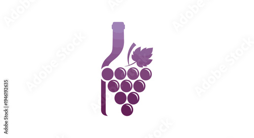 Purple Grapes and Wine Bottle Silhouette Icon.