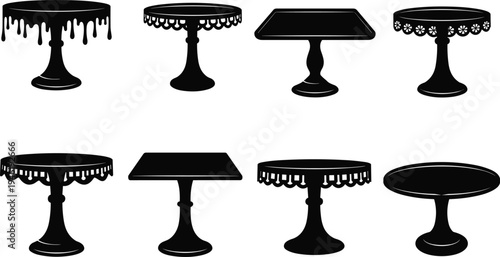 Collection of elegant cake stand silhouettes with decorative pedestal dessert trays, bakery display platters and serving tables isolated for catering, wedding and party design