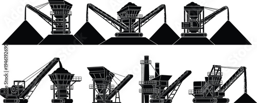 Collection of mining and construction machinery silhouettes with conveyor belts, crushers and excavators working on gravel piles isolated for industrial quarry equipment design