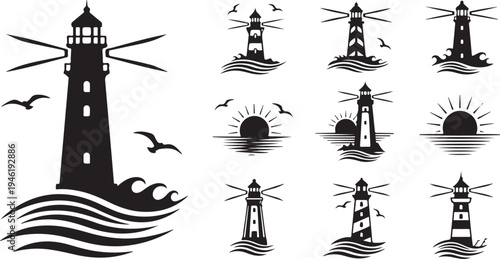 Lighthouse Silhouettes with Seagulls and Ocean Waves at Sunset