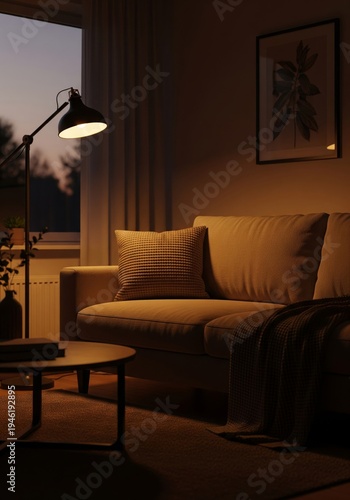 Warm Lit Interior with Textured Sofa Table Lamp and Night Sky