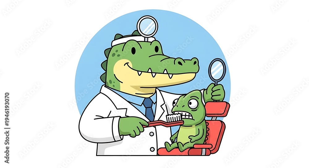 Obraz premium Cartoon alligator dentist brushes scared patient's teeth in chair