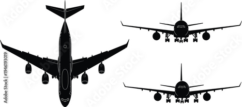 Airplane silhouette set, passenger jet aircraft front and top view isolated on white background aviation vector illustration