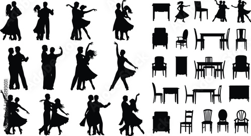 Ballroom dance couple silhouettes collection, elegant dancers poses, furniture icons, chairs tables, interior design elements, isolated black figures white background
