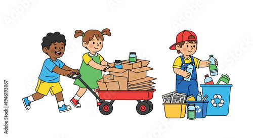 Three diverse children actively participate in recycling, with two pulling a wagon of cardboard and jars, and one sorting plastic bottles and newspapers into bins.