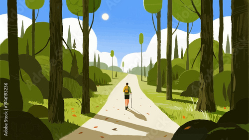 Line art, a simple illustration of someone who enjoys hiking as a hobby. Mountain climbing. Hiking. Walking to combat a lack of exercise.