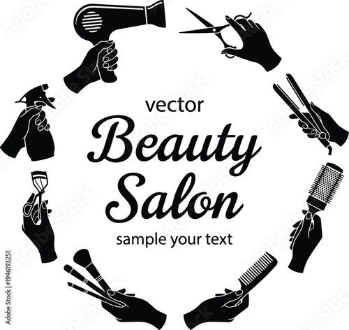 Beauty salon logo template vector illustration, hair stylist tools and makeup accessories silhouette design