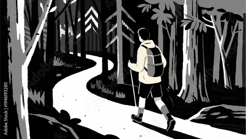 Line art, a simple illustration of someone who enjoys hiking as a hobby. Mountain climbing. Hiking. Walking to combat a lack of exercise.