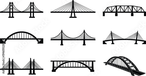 Black and white bridge silhouettes set, various suspension arch truss cable stayed bridge icons, engineering infrastructure vector collection isolated design