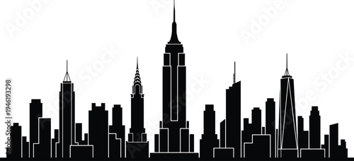 Black and white city skyline silhouette vector illustration, modern urban skyscrapers panorama isolated on light background for design